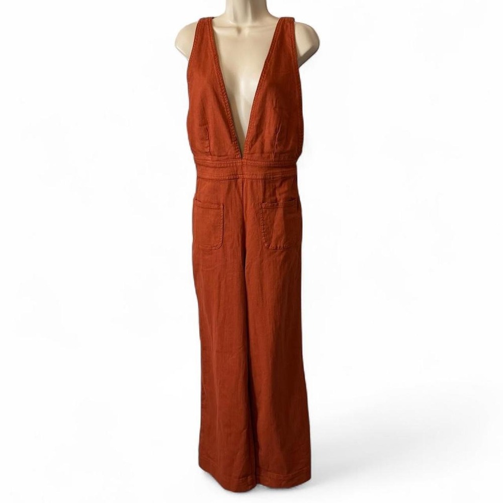 Montrez Orange Plumging Deep V Neck Wide Leg Jumpsuit, Women's Size 9
